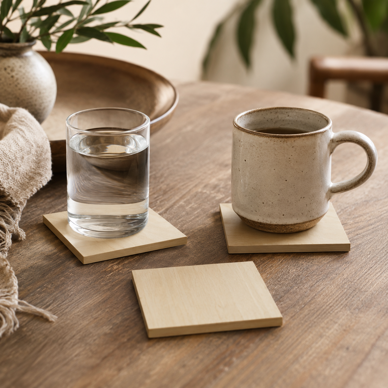 Square Wooden Coasters – Set of 4 | Minimalist Natural Wood Drink Coaster Pack